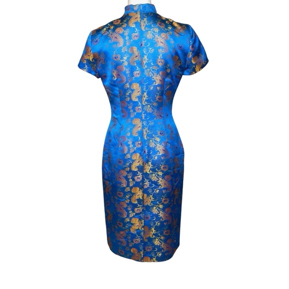 David Warren Vintage 90s Cheongsam Asian Dress Size 8 M Blue Gold Red Floral - Picture 4 of 11
